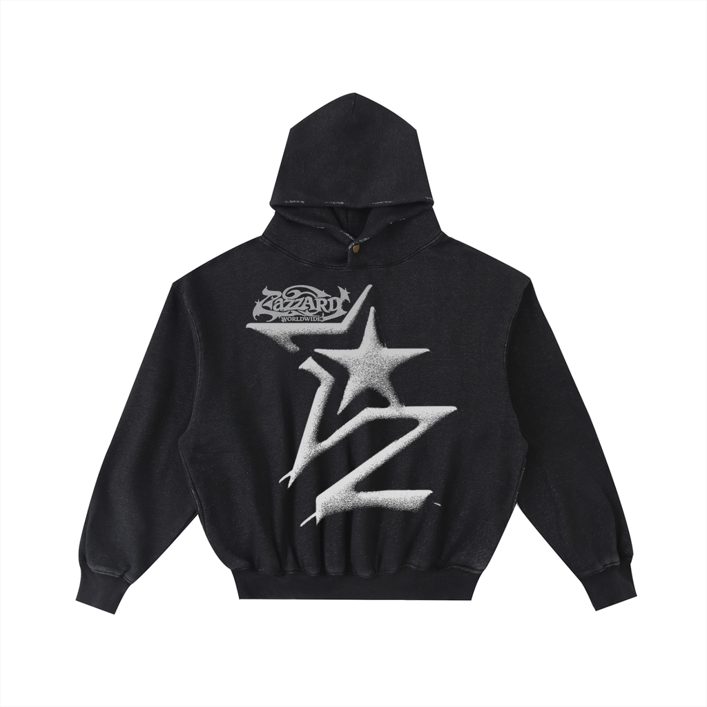 “Sketch”Frayed Enzyme Washed Fleece Hoodie